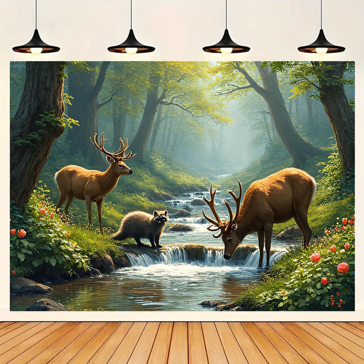 Deer Forest Stream Wall Mural  - Interior Design Landscape ulasan dan harga