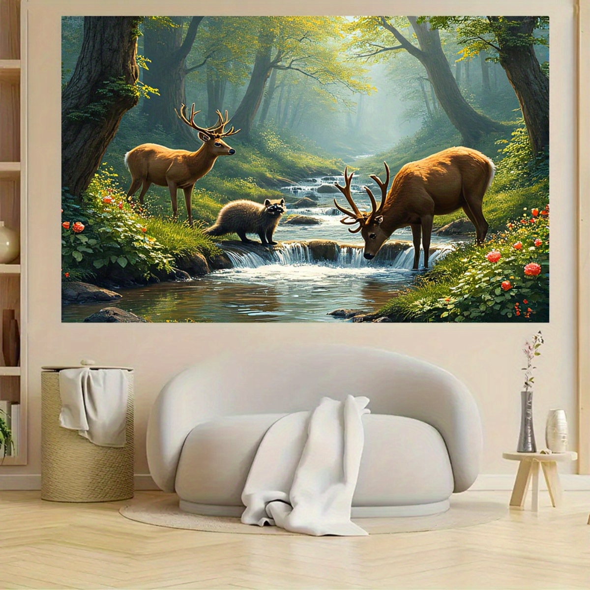 Deer Forest Stream Wall Mural  - Interior Design Landscape ulasan dan harga