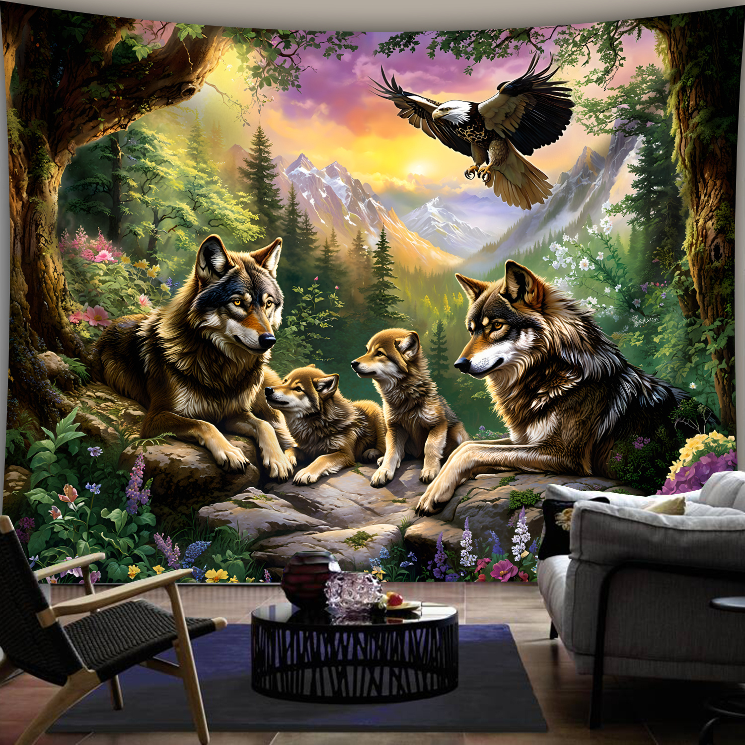 Wolf Family With Eagle In Moun - Interior Design Landscape ulasan dan harga